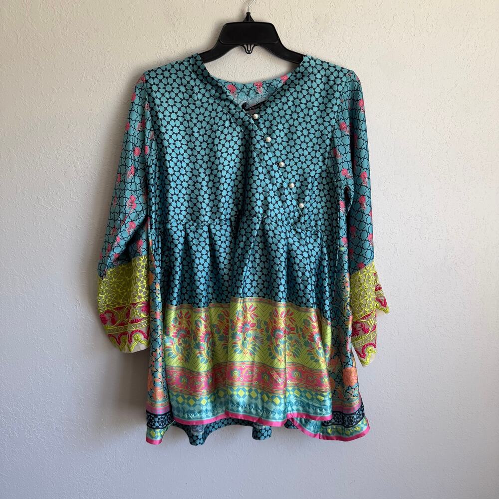 NWT Khaadi 100% Silk Turquoise Floral Print Peplum Kurta Tunic Women 8 Embroider